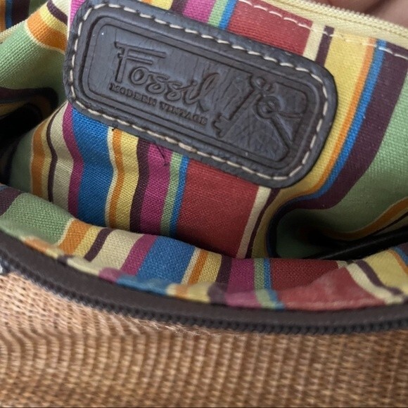 FOSSIL Straw Shoulder Bag Brown Vegan Leather Trim Striped Fabric Lining - Picture 2 of 11